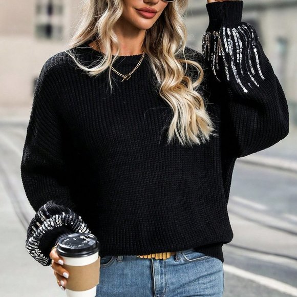 Black Preppy Womens Contrast Sequin Drop Shoulder Sweater - Picture 5 of 5